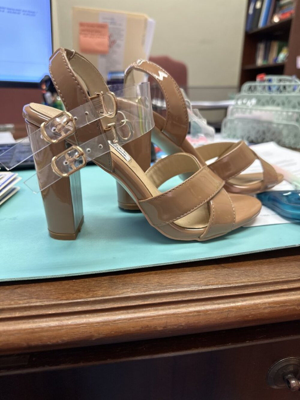 Nude Patent Block Heel Sandals with Clear Strap